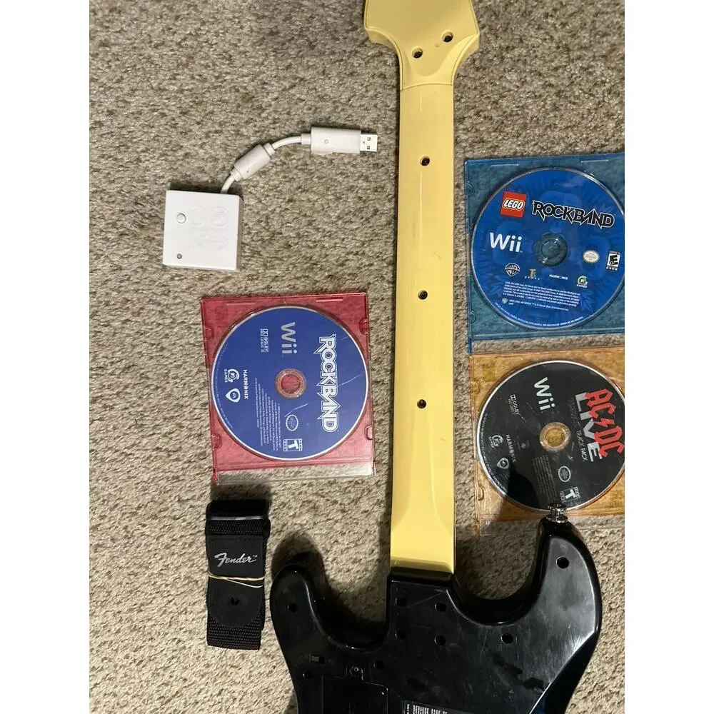 Nintendo Wii Rock Band Guitar w Dongle Strap 2 Games RockBand Lego AC/DC Tested